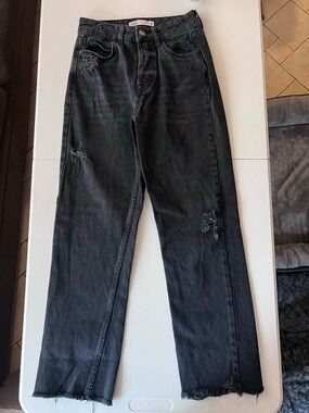 Zara Black Straight-Leg Distressed Jeans